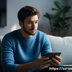 Home 13 의식적 기술 사용 및 사회적 책임 - **Prompt:** A young adult, dressed in comfortable, modern casual wear, sits on a plush sofa in a sof...