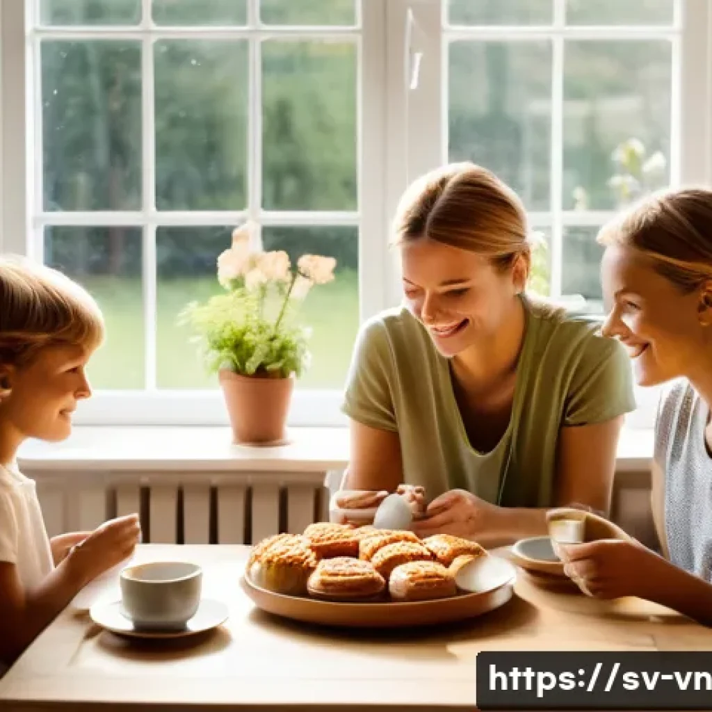 의식적 기술 사용의 글로벌 트렌드 - **Prompt:** A cozy, serene family fika scene set in a modern Swedish home during a bright summer eve...