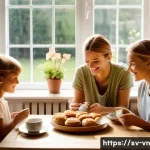 Home 18 의식적 기술 사용의 글로벌 트렌드 - **Prompt:** A cozy, serene family fika scene set in a modern Swedish home during a bright summer eve...