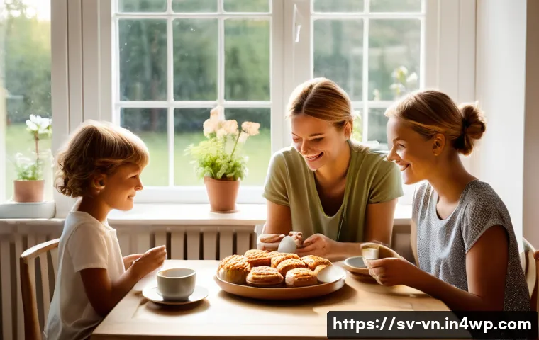 의식적 기술 사용의 글로벌 트렌드 - **Prompt:** A cozy, serene family fika scene set in a modern Swedish home during a bright summer eve...