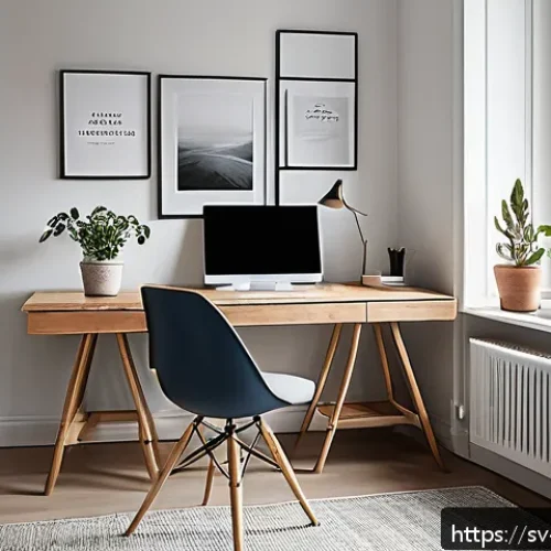 Home 32 의식적 기술 사용과 삶의 균형 - A cozy Scandinavian home office setup emphasizing a clear boundary between work and leisure: a minim...