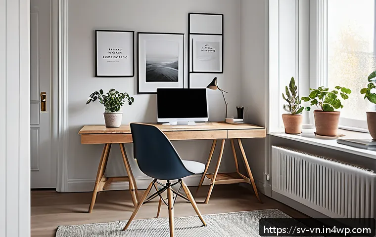 의식적 기술 사용과 삶의 균형 - A cozy Scandinavian home office setup emphasizing a clear boundary between work and leisure: a minim...