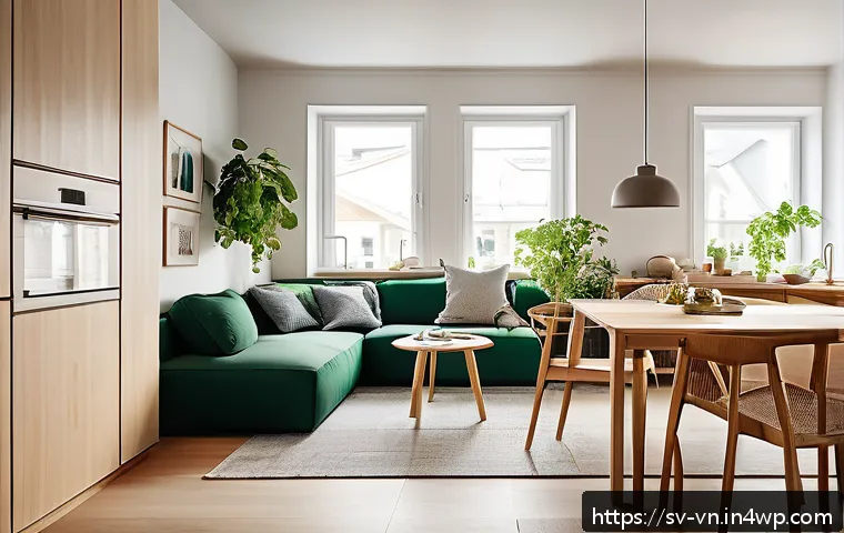 의식적 기술 사용을 위한 체크리스트 - A cozy modern Swedish living room scene showing a family in a technology-free zone: a minimalist kit...