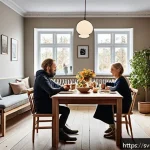 Home 18 의식적 기술 사용의 사회적 영향 - A cozy Swedish family dining room scene during dinner time, featuring a family of four sitting aroun...