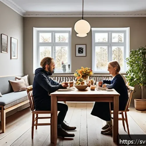 Home 30 의식적 기술 사용의 사회적 영향 - A cozy Swedish family dining room scene during dinner time, featuring a family of four sitting aroun...