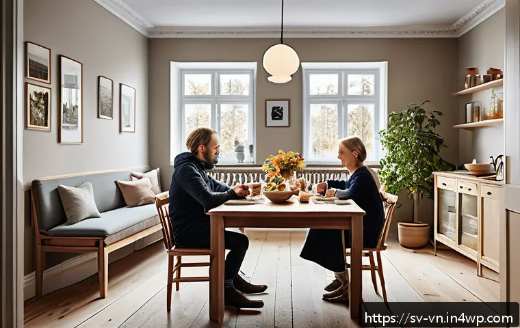 의식적 기술 사용의 사회적 영향 - A cozy Swedish family dining room scene during dinner time, featuring a family of four sitting aroun...