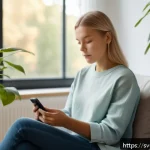 Home 23 의식적 기술 사용의 감정적 효과 - A calm Scandinavian living room scene featuring a young adult woman sitting peacefully on a light gr...