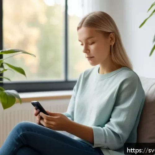 Home 17 의식적 기술 사용의 감정적 효과 - A calm Scandinavian living room scene featuring a young adult woman sitting peacefully on a light gr...