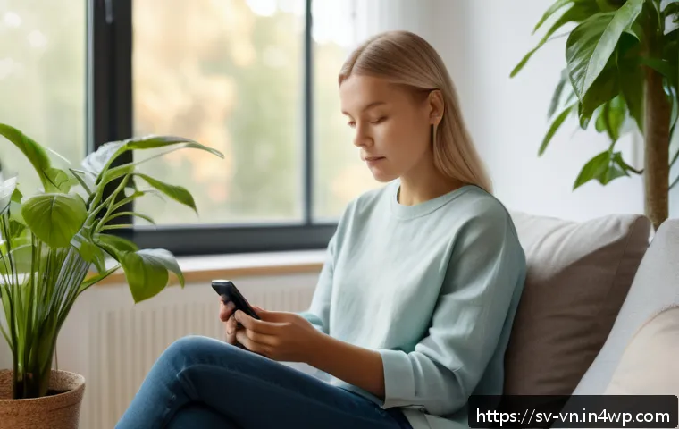 의식적 기술 사용의 감정적 효과 - A calm Scandinavian living room scene featuring a young adult woman sitting peacefully on a light gr...