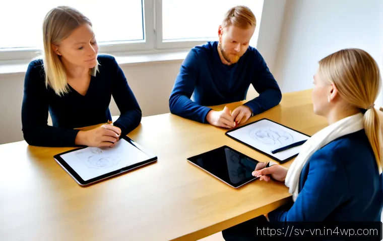 Home 17 의식적 기술 사용과 협업 기술 - Photorealistic scene of a Swedish workplace team practicing mindful technology use, four diverse col...