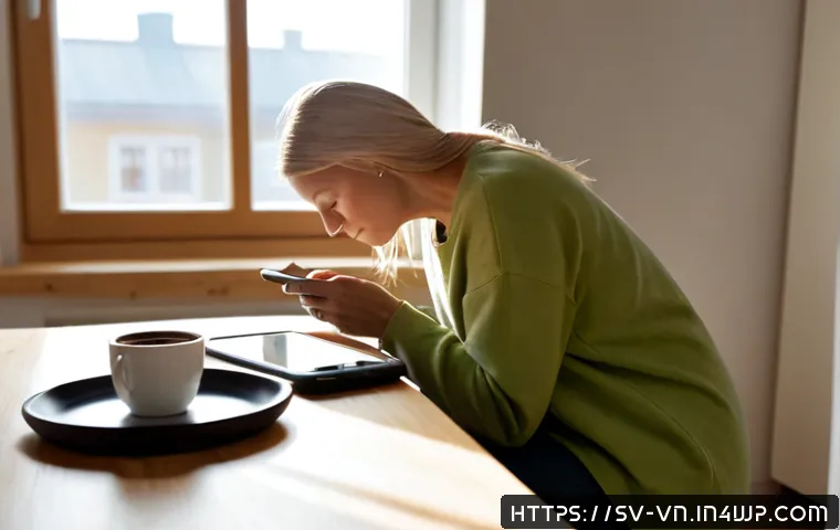 Home 17 의식적 기술 사용이 주는 긍정적 변화 - Photorealistic Swedish lifestyle scene, a relaxed middle-aged woman in a bright Scandinavian apartme...